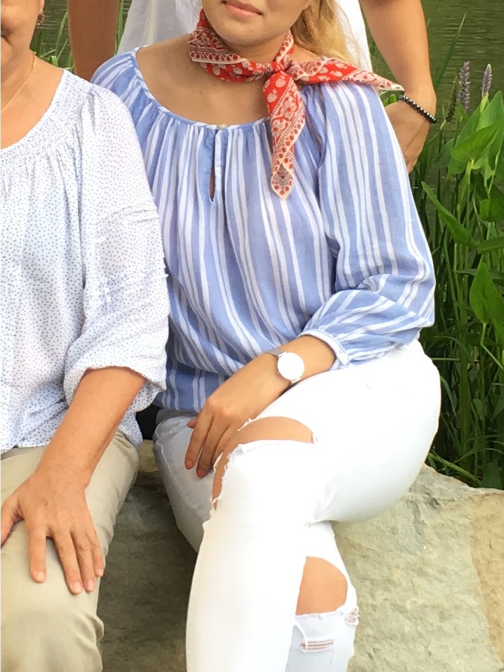 LOFT Blue and White Striped Peasant Top